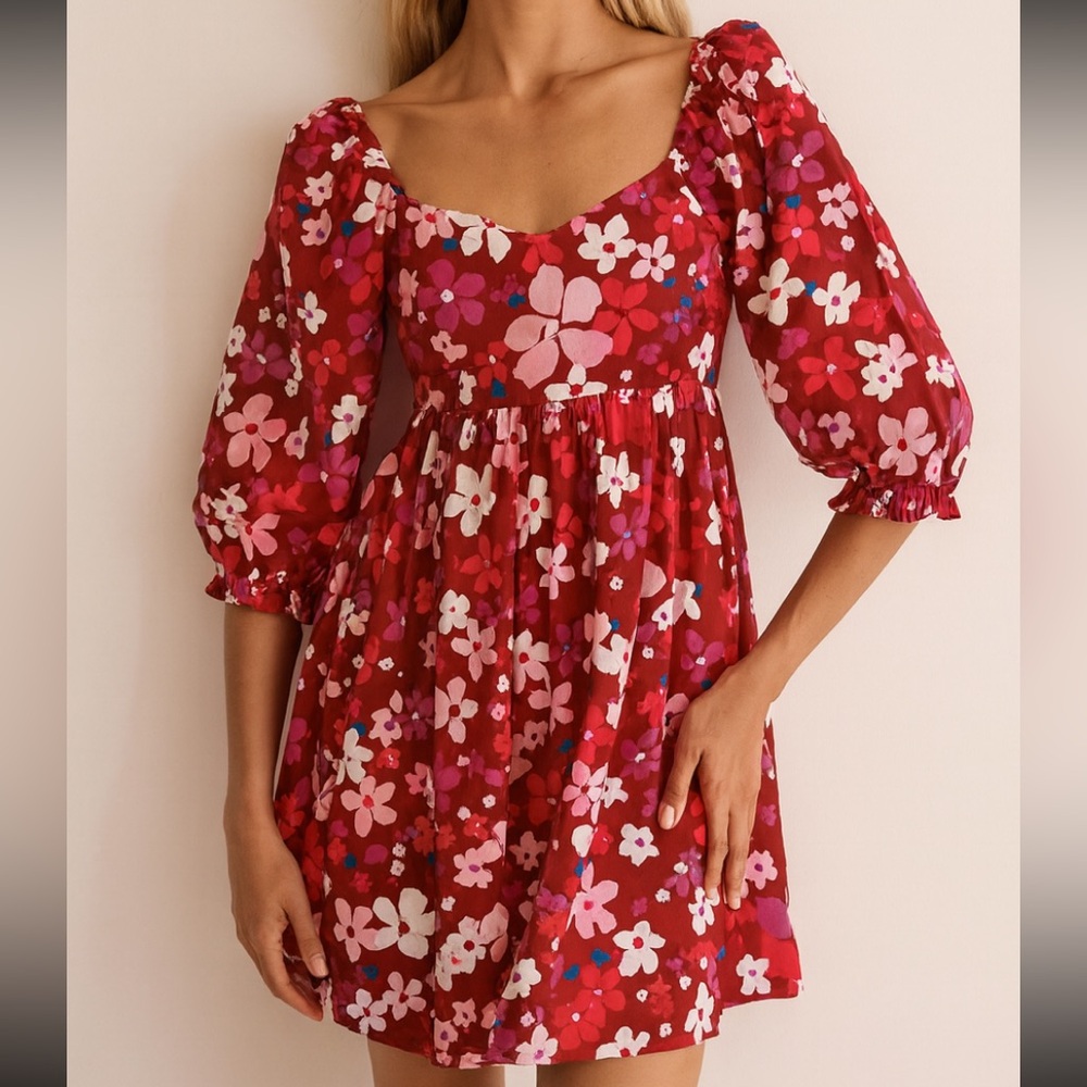 Fore Boho Red Floral Babydoll Dress Large Sweetheart Puff Sleeve 100% Cotton - Picture 1 of 9